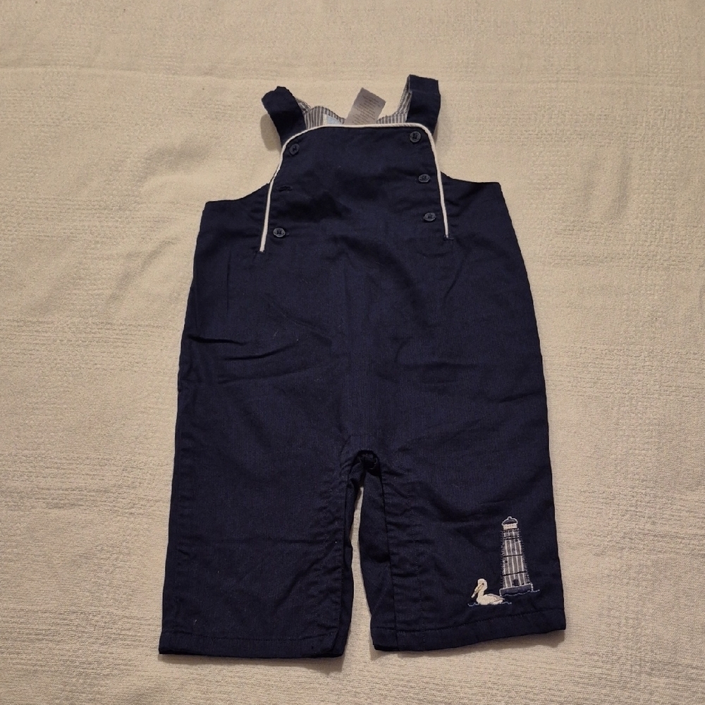 Janie and Jack boys 0-3 months blue overalls embroidered lighthouse duck EUC
